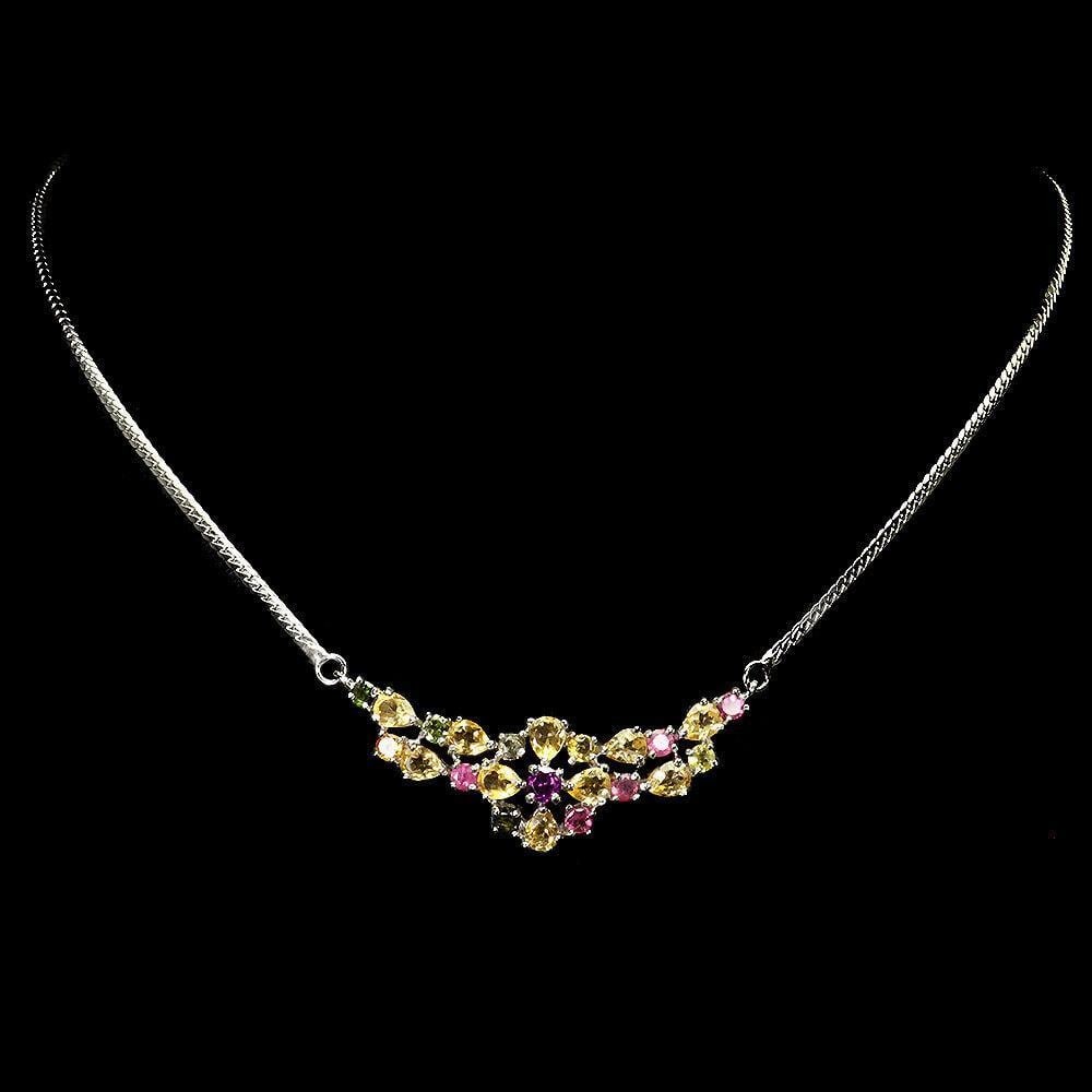 Pear Citrine Rhodolite Tourmaline Gemstone 925 Sterling Silver Necklace: Pear Citrine Rhodolite Tourmaline Gemstone 925 Sterling Silver Necklace Introducing our Pear Citrine Rhodolite Tourmaline Gemstone Necklace, a masterpiece of vibrant color and exquisite craftsmanship