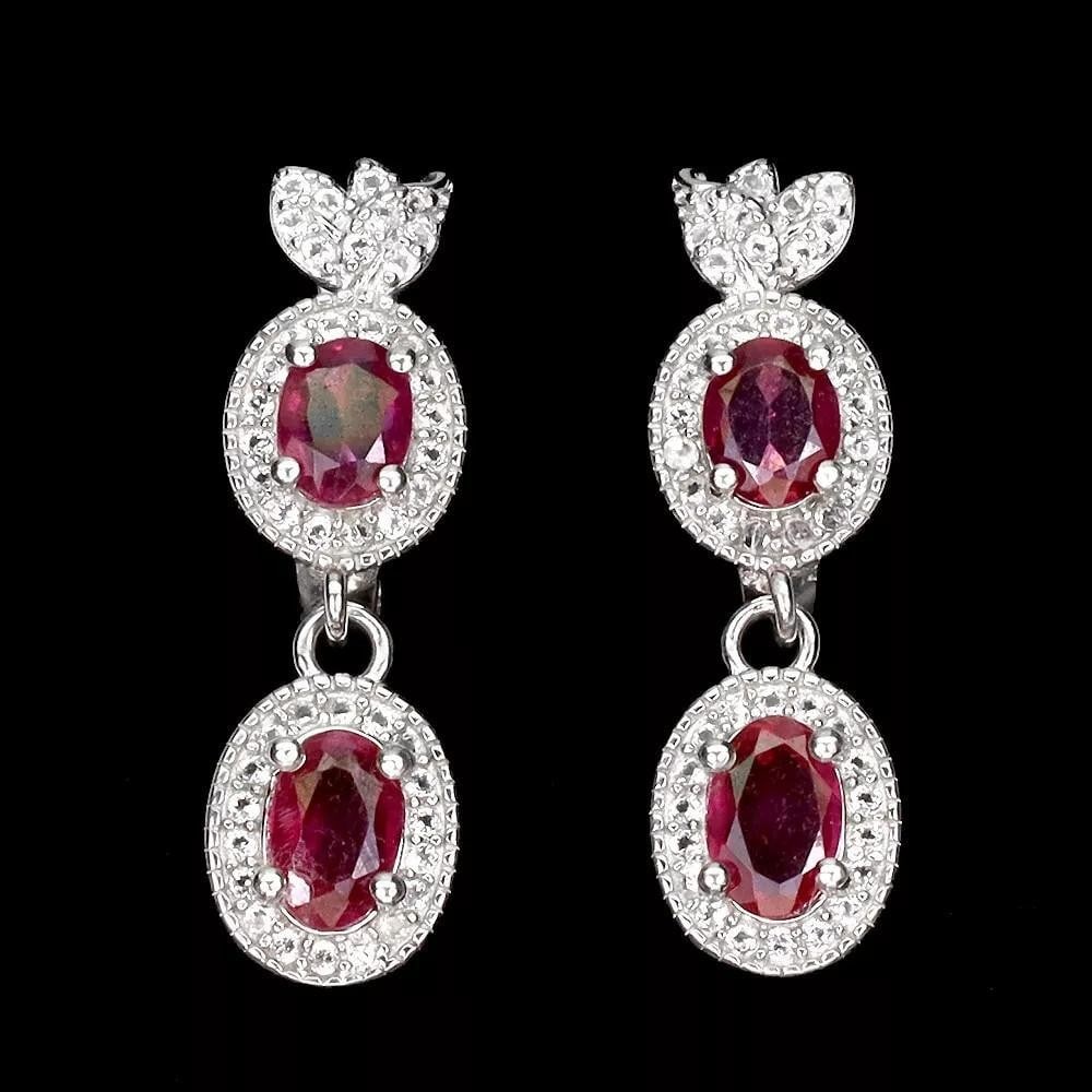 Oval Ruby and Topaz 925 Sterling Drop Silver Earrings: Oval Ruby and Topaz 925 Sterling Drop Silver Earrings Enhance your elegance with these exquisite 925 sterling silver earrings featuring oval ruby gemstones, each measuring 6x4mm, beautifully compleme