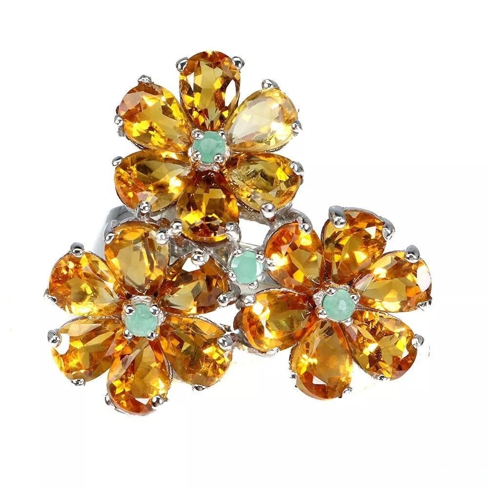 Natural Pear Citrine and Emerald Gemstone Ring in 925 Sterling Silver – Size 8: Natural Pear Citrine and Emerald Gemstone Ring in 925 Sterling Silver – Size 8 This elegant ring showcases a natural pear-shaped citrine, complemented by vibrant emerald gemstones, all set in 925 s