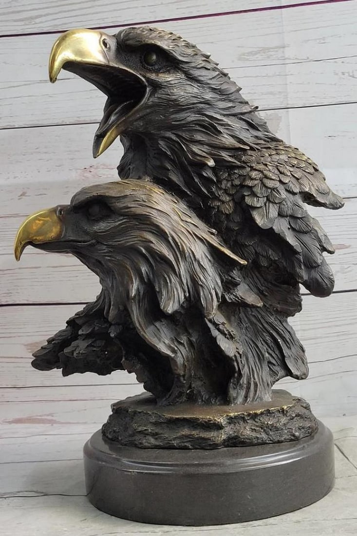 Double American Eagle Heads Handmade Bronze Statue Sculpture by Miguel Lopez - 15" x 11": Double American Eagle Heads Handmade Bronze Statue Sculpture by Miguel Lopez - 15" x 11" Discover the exceptional artistry of this bronze sculpture, a testament to mastery in sculpture. Crafte