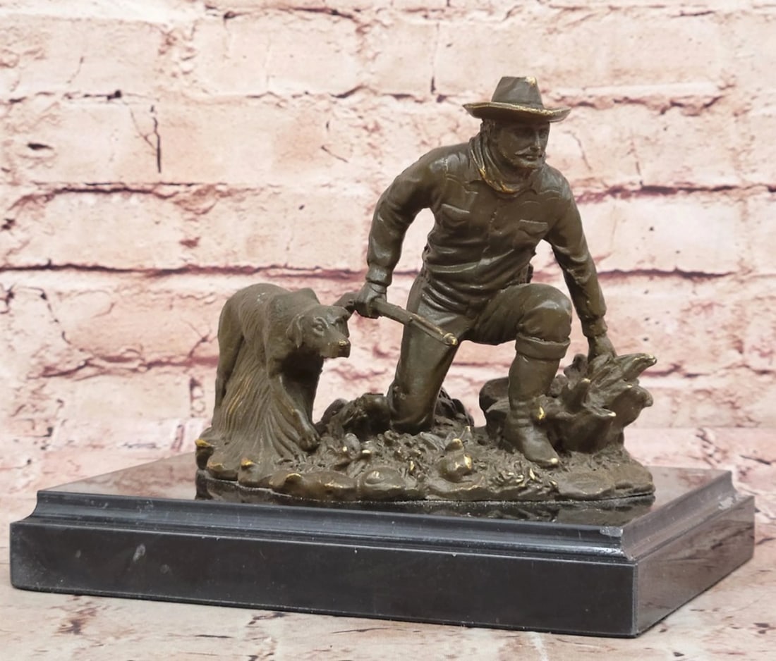 Cowboy with Hunting Dog Original Bronze Statue - 6.5" x 8": Cowboy with Hunting Dog Original Bronze Statue - 6.5" x 8" This striking bronze sculpture depicts a rugged cowboy standing with rifle in hand, his loyal dog by his side—a tribute to the end