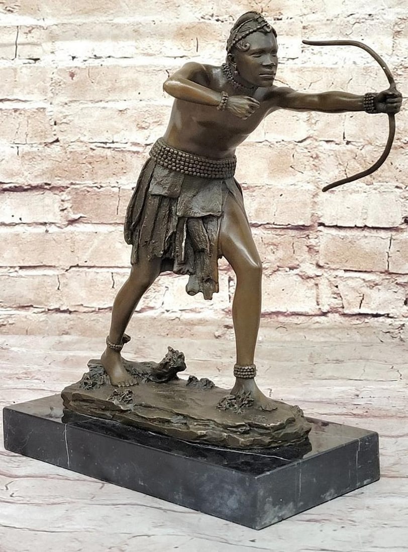 Native American Indian Chief with Bow Bronze Sculpture by Miguel Lopez - 11.5" x 9": Native American Indian Chief with Bow Bronze Sculpture by Miguel Lopez - 11.5" x 9" Introducing a captivating bronze sculpture of a Native American Indian Chief with a bow, created by the tal