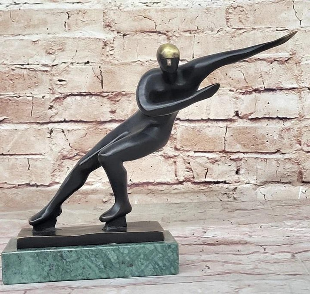 Abstract Modern Art Ice Skater Nick's Original Bronze Sculpture on Green Marble Base - 8" x 11": Abstract Modern Art Ice Skater Nick's Original Bronze Sculpture on Green Marble Base - 8" x 11" Immerse yourself in the artistry and precision of ice-skating with this captivating Bronze