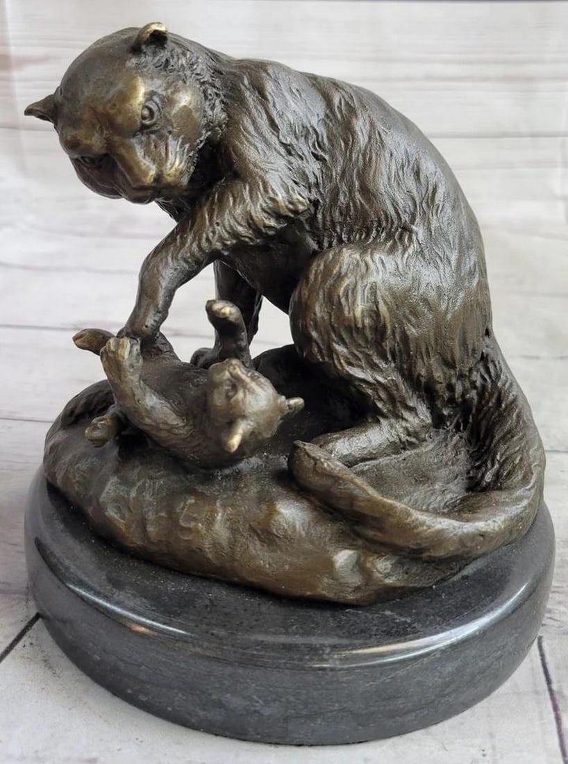 Feline Whimsy Unleashed Playful Sibling Kittens Original Bronze Sculpture on Marble Base - 6" x 6": Feline Whimsy Unleashed Playful Sibling Kittens Original Bronze Sculpture on Marble Base - 6" x 6" Experience the charm of "Feline Whimsy Unleashed," a delightful bronze sculpture fea