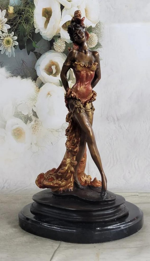 Wild West Saloon Courtesan Girl - Flamboyant Moulin Rouge Muse Bronze Art Sculpture - 15" x 9": Wild West Saloon Courtesan Girl - Flamboyant Moulin Rouge Muse Bronze Art Sculpture - 15" x 9" Radiating a playful allure, the captivating figure within this bronze sculpture entrances onlooke