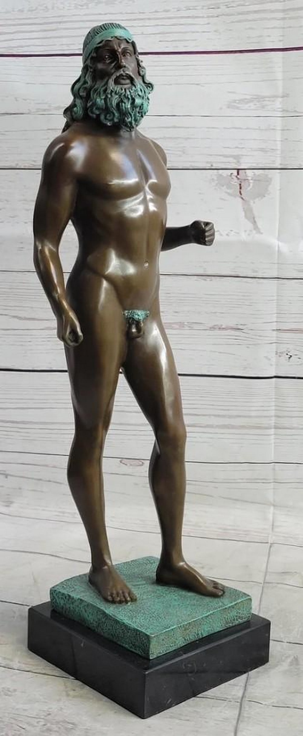 Nude Male Ancient Greek Kourus Statue on Marble Base by Miguel Lopez 16.5" x 5": Nude Male Ancient Greek Kourus Statue on Marble Base by Miguel Lopez 16.5" x 5" Experience the eternal allure of youth with Miguel Lopez's "Nude Male Ancient Greek Kourus Statue,"