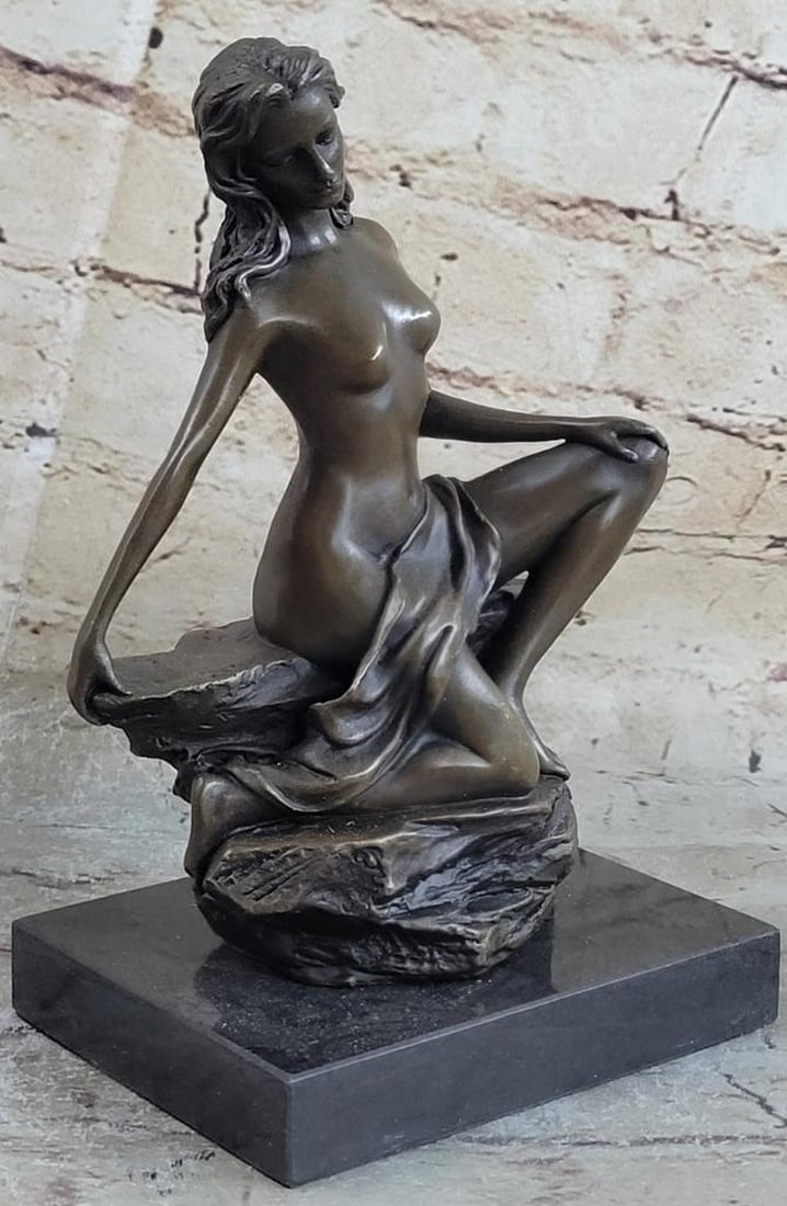 Signed Original Nude Daydreaming Woman Bronze Sculpture - 8" x 5": Signed Original Nude Daydreaming Woman Bronze Sculpture - 8" x 5" This beautiful bronze sculpture depicts a serene young woman sitting with her head bowed, capturing the essence of pure innoc