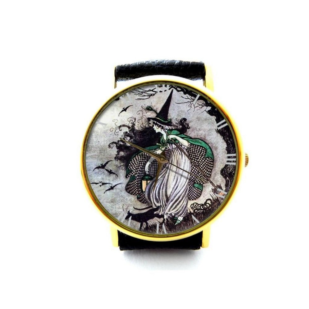 Unique Watch With Witch on Dial and Genuine Leather Band: Unique Watch With Witch on Dial and Genuine Leather Band Experience the art of time with our Unique Watch featuring a witch on its dial. This distinctive timepiece combines whimsical and mystical art