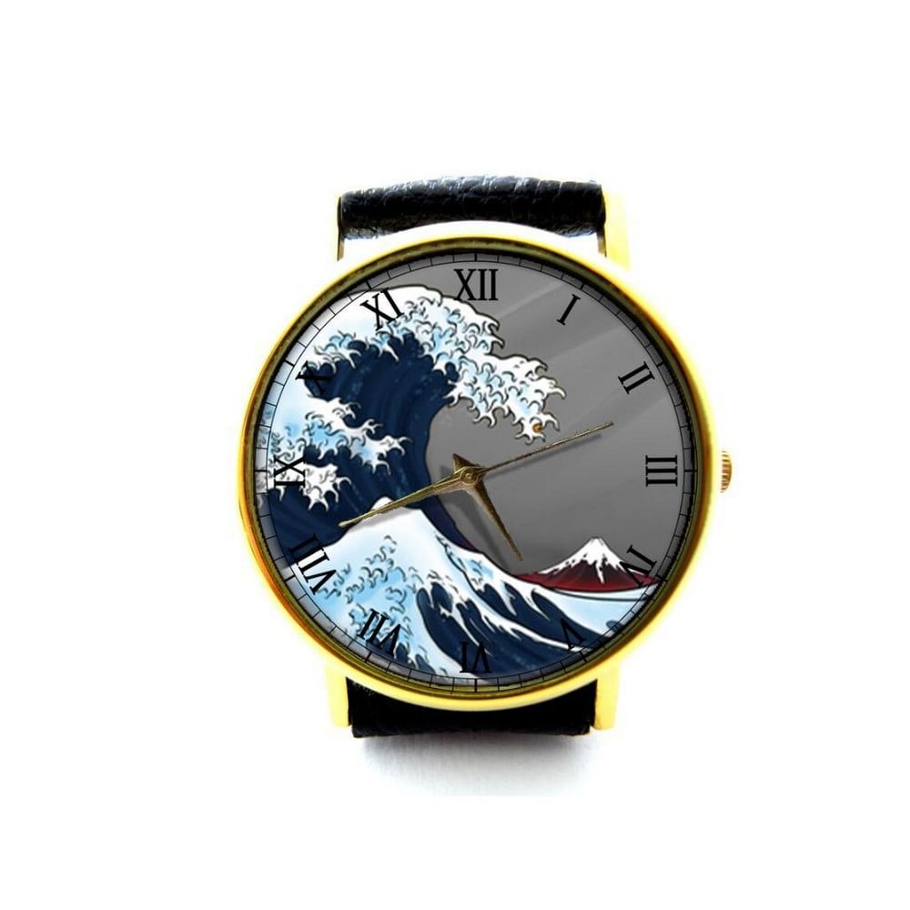 Unique Watch With The Great Wave Off Kanagawa on Dial and Genuine Leather Band: Unique Watch With The Great Wave Off Kanagawa on Dial and Genuine Leather Band Experience the art of time with our Unique Watch featuring "The Great Wave Off Kanagawa" on its dial. This disti