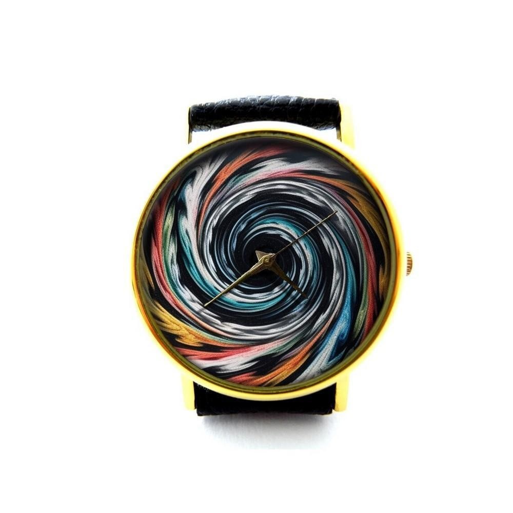 Unique Watch With Vortex Design Dial & Genuine Leather Band: Unique Watch With Vortex Design Dial & Genuine Leather Band Introducing the Unique Watch With Vortex Design Dial & Genuine Leather Band—a bold timepiece featuring a mesmerizing vortex patter
