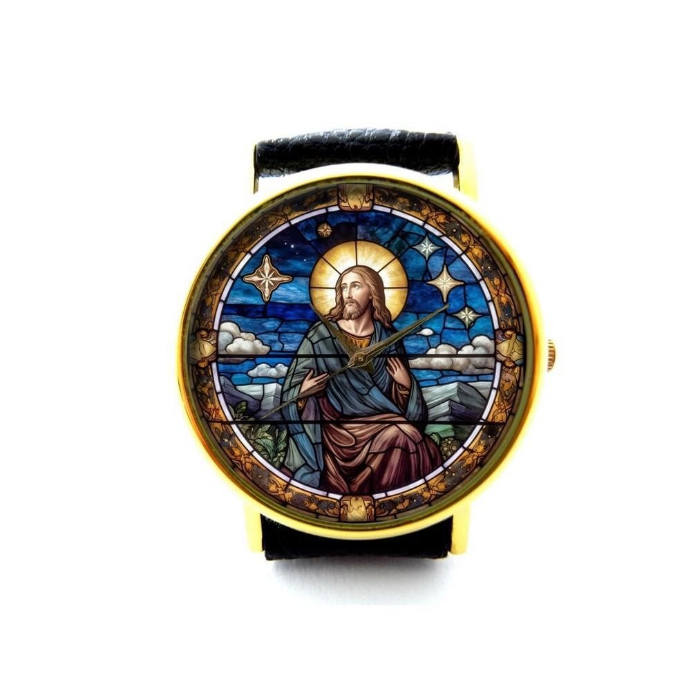 Unique Watch With Jesus Stained Glass Print Dial & Genuine Leather Band: Unique Watch With Jesus Stained Glass Print Dial & Genuine Leather Band Introducing the Unique Watch With Jesus Stained Glass Print Dial & Genuine Leather Band—a meaningful timepiece featuri