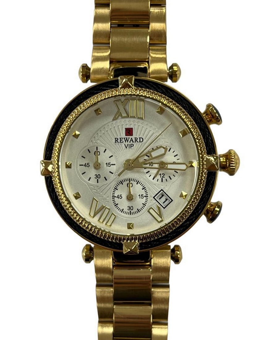 Women's Luxury Gold Stainless Steel Calendar Watch: Women's Luxury Gold Stainless Steel Calendar Watch Introducing the Women's Luxury Gold Stainless Steel Calendar Watch—a captivating timepiece that embodies opulence and practicality. Crafte