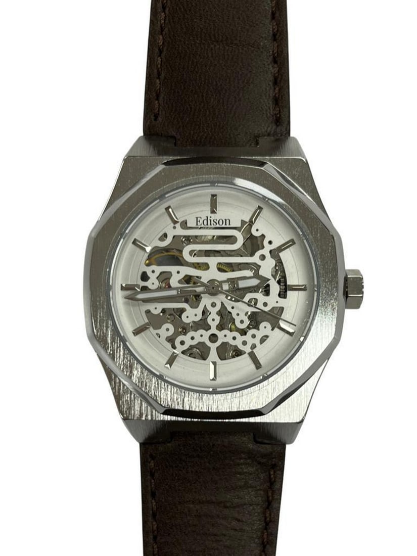 Mens Edison Automatic Brushed Stainless Steel Finish & Genuine Leather Band Skeleton Watch (1 of 2)