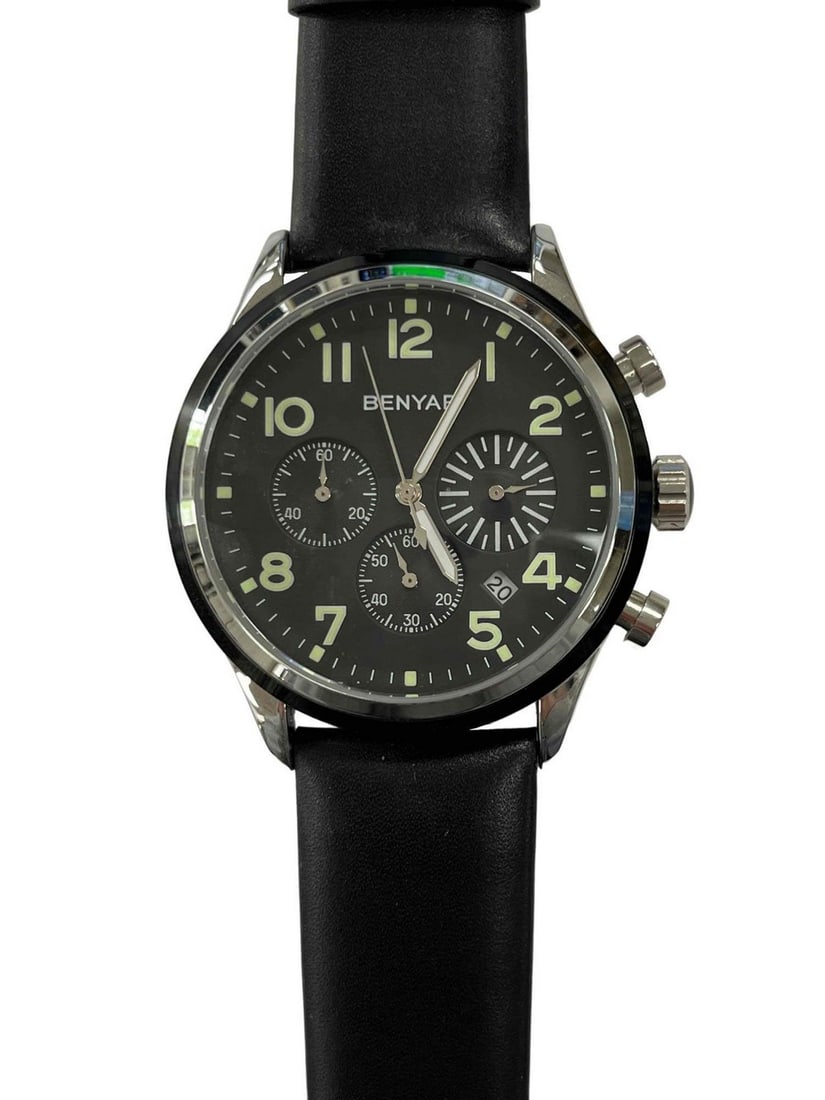 Benyar Mens Black Multi Dial Watch: Benyar Mens Black Multi Dial Watch Quartz-watch, Scratch Proof Mineral Glass, Metal frame and high quality Leather band. Three Chronograph Sub-dial, Stainless Steel Clasp, Convenient and beautiful.