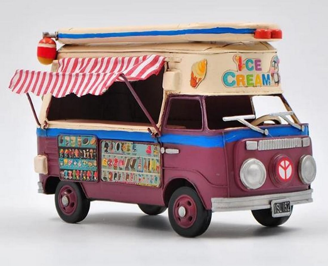 Classic Vintage Ice Cream Volkswagen Bus: Classic Vintage Ice Cream Volkswagen Bus This charming hand-made Volkswagen bus model is a nostalgic and whimsical tribute to the iconic VW van, reimagined as a vibrant ice cream truck. Crafted