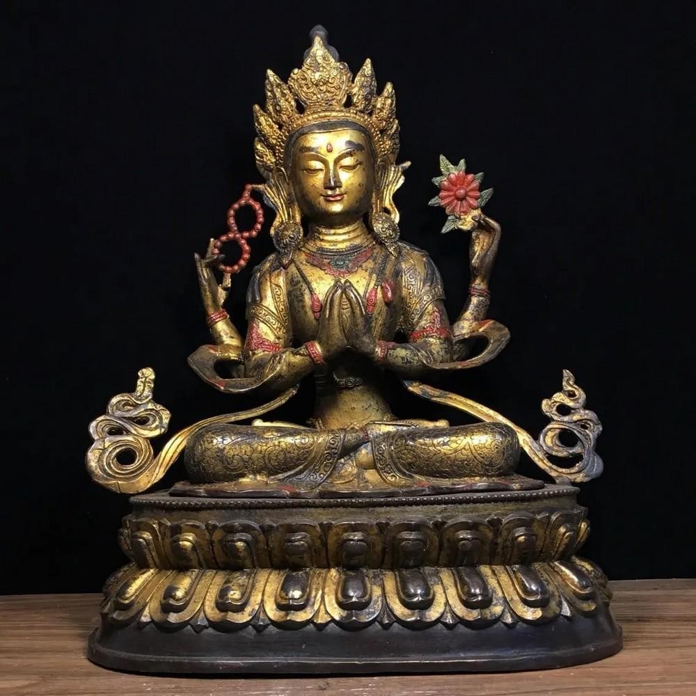Chinese Antique Handmade Pure Copper Mud Gold Painted Four-Armed Guanyin Statue: Chinese Antique Handmade Pure Copper Mud Gold Painted Four-Armed Guanyin Statue A rare and exquisite Chinese antique statue of the four-armed Guanyin, meticulously handmade from pure copper and finish