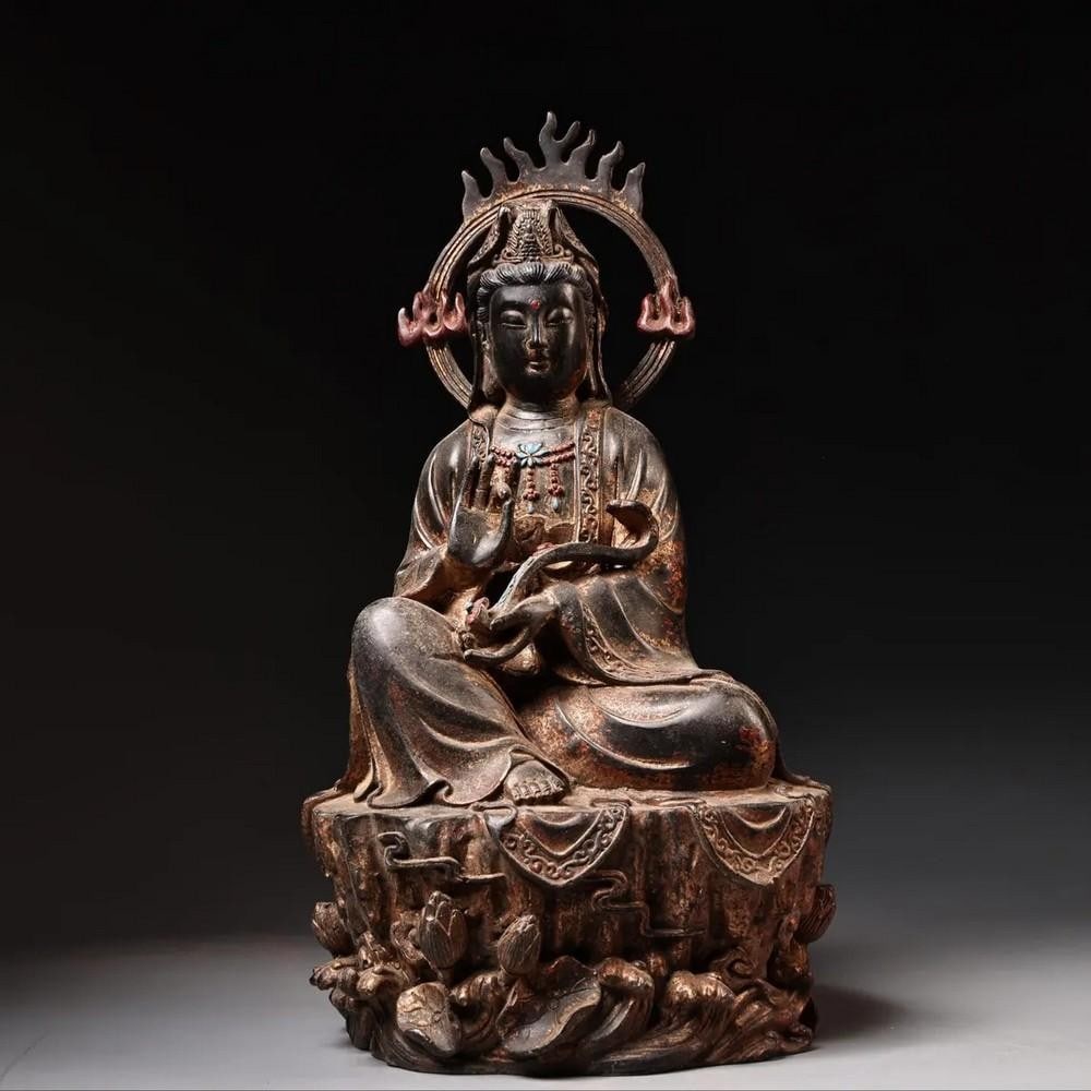 Antique Chinese Pure Copper Cinnabar Guanyin Buddha Statue: Antique Chinese Pure Copper Cinnabar Guanyin Buddha Statue This exquisite hand-crafted statue is a rare example of traditional Chinese artistry, featuring a detailed depiction of Guanyin, the revered