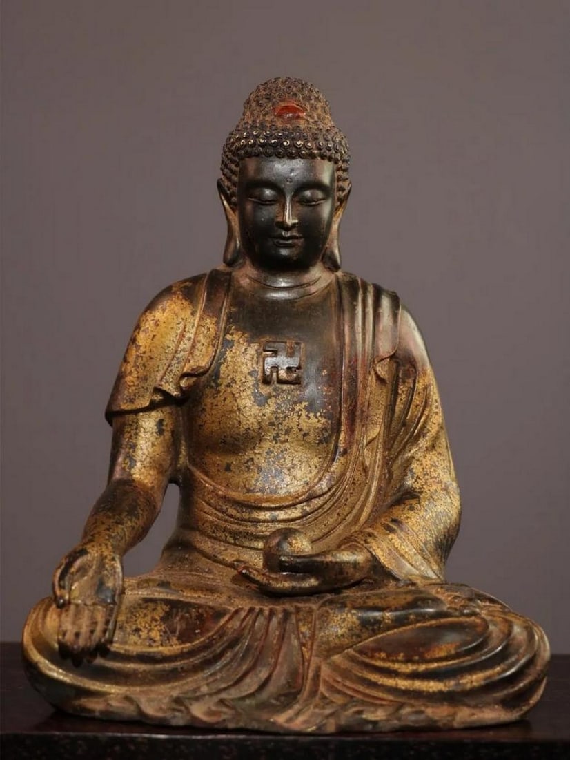Chinese Antique Pure Copper Sakyamuni Buddha Statue – Cinnabar & Mud Gold Finish (1 of 7)