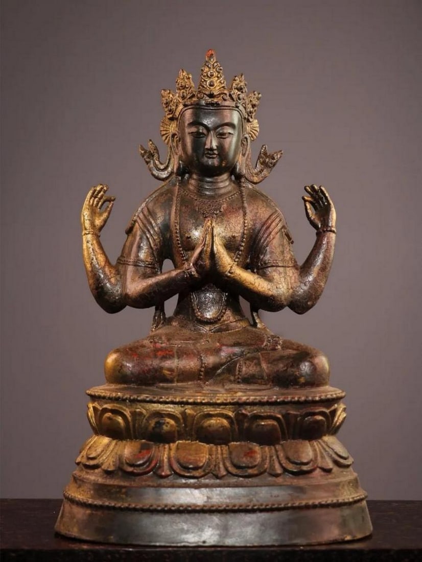 Chinese Antique Pure Copper Four-Armed Guanyin Bodhisattva Statue – Mud Gold & Cinnabar Finish (1 of 7)