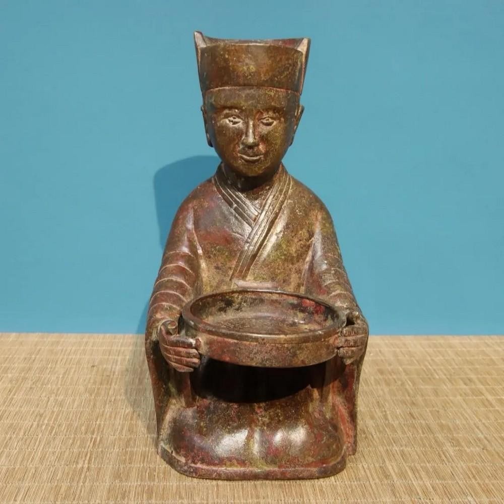 Antique Chinese Bronze Inscribed Human Lamp Statue Ornament: Antique Chinese Bronze Inscribed Human Lamp Statue Ornament This rare handcrafted bronze statue features a unique human form lamp, with intricate inscriptions symbolizing enlightenment and wisdom in