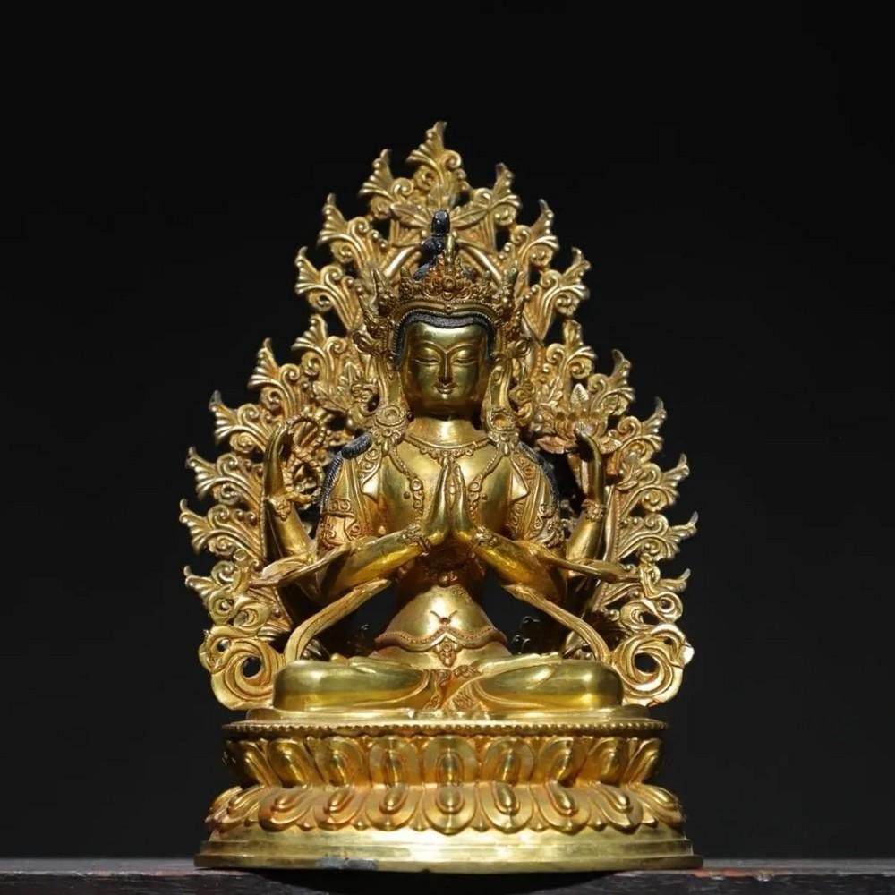 Pure Copper & Gilt Backlit Four-armed Guanyin Buddha Statue: Pure Copper & Gilt Backlit Four-armed Guanyin Buddha Statue This exquisite Pure Copper & Gilt Backlit Four-Armed Guanyin Buddha Statue features the compassionate deity with four arms, symboli
