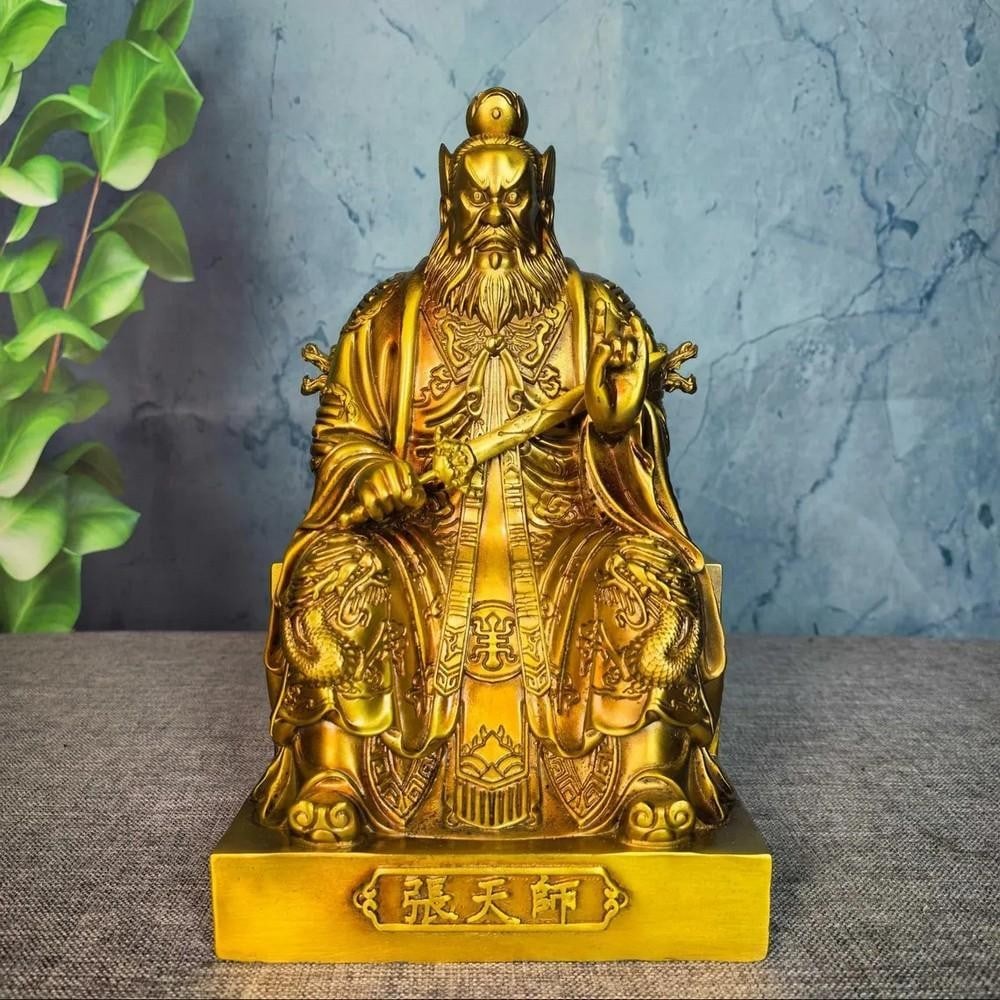 Antique Chinese Handcrafted Bronze Zhang Tianshi Buddha Statue: Antique Chinese Handcrafted Bronze Zhang Tianshi Buddha Statue A rare and exquisite handcrafted antique statue of Zhang Tianshi Buddha, made from bronze. This vintage piece from the 1910s reflects tr