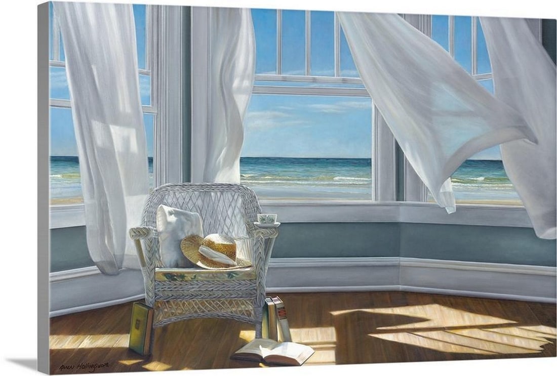 Gentle Reader – Canvas Reproduction by Karen Hollingsworth: Gentle Reader – Canvas Reproduction by Karen Hollingsworth This canvas reproduction presents Karen Hollingsworth’s calm and airy interior scene, featuring books and a hat placed on a chair beside