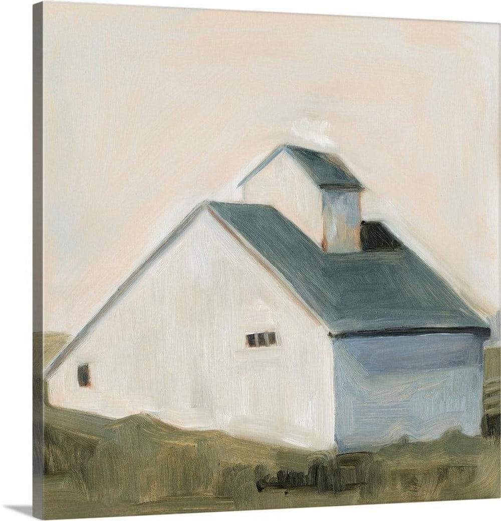 White Barn Landscape I – Canvas Reproduction Art by Emma Scarvey: White Barn Landscape I – Canvas Reproduction Art by Emma Scarvey This canvas art piece presents Emma Scarvey’s impressionistic view of a white saltbox barn topped with a slate blue roof. Subtle b