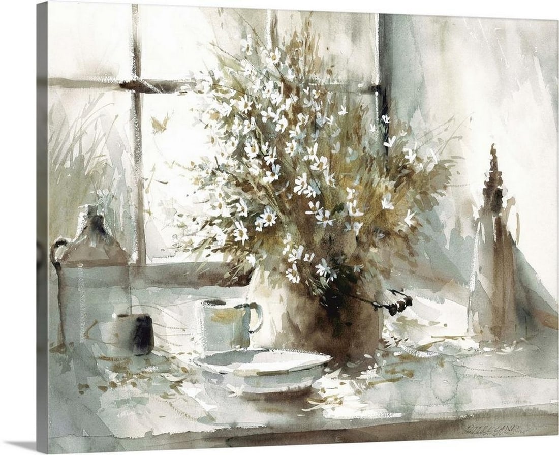 Daisy Still Life – Canvas Reproduction by George Bjorkland: Daisy Still Life – Canvas Reproduction by George Bjorkland This canvas reproduction features George Bjorkland’s gentle still life of daisies arranged in a simple, understated composition. Soft l