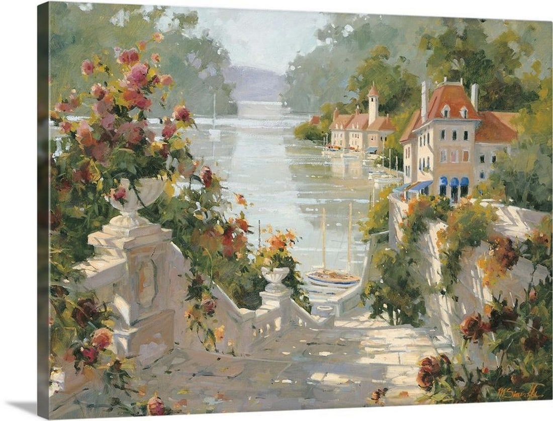 Italian Harbor – Canvas Reproduction by Marilyn Simandle: Italian Harbor – Canvas Reproduction by Marilyn Simandle This canvas reproduction features Marilyn Simandle’s depiction of a charming Italian village, where stone steps descend toward a quiet ha