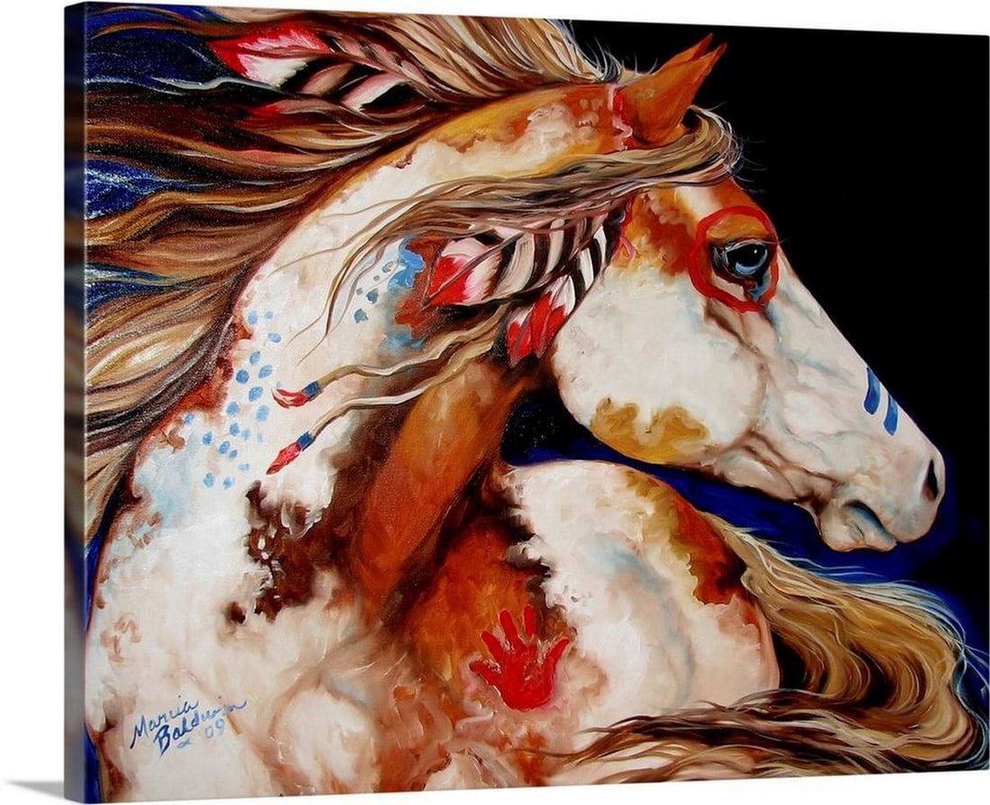 Indian War Horse – Canvas Reproduction by Marcia Baldwin: Indian War Horse – Canvas Reproduction by Marcia Baldwin This canvas reproduction showcases Marcia Baldwin’s vibrant depiction of a war horse adorned with traditional painted markings and feathe