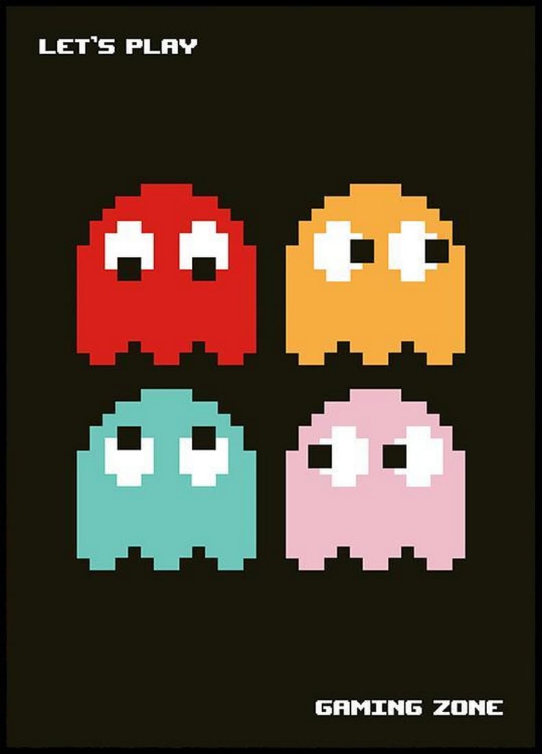 Pacman Let's Play Poster Art Print: Pacman Let's Play Poster Art Print Pac-Man-inspired poster in red, yellow, turquoise, and pink, featuring the text "Let's Play" and "Gaming Zone" in white against a black backg
