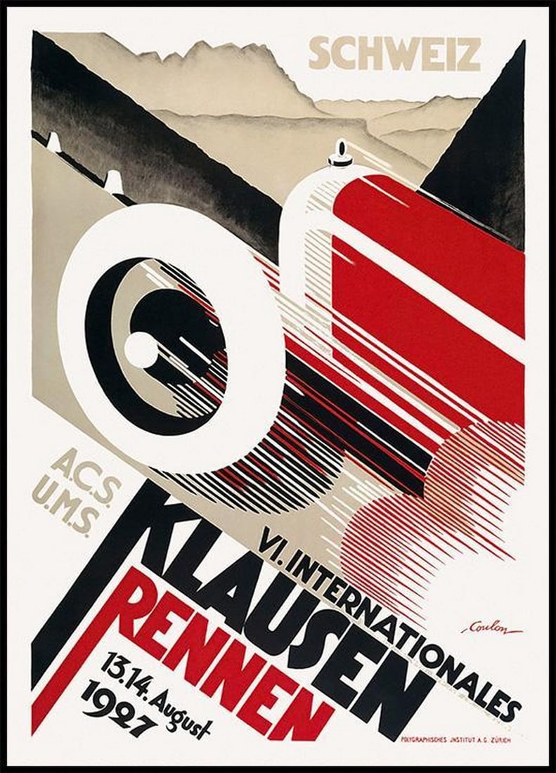 Retro Racing Photo Poster Art Print: Retro Racing Photo Poster Art Print Vintage poster featuring a red racing car with the text "Schwiez A.C.S. U.M.S. VI Internationales Klausenrennen 13.14. August 1927" in beige, black, and red