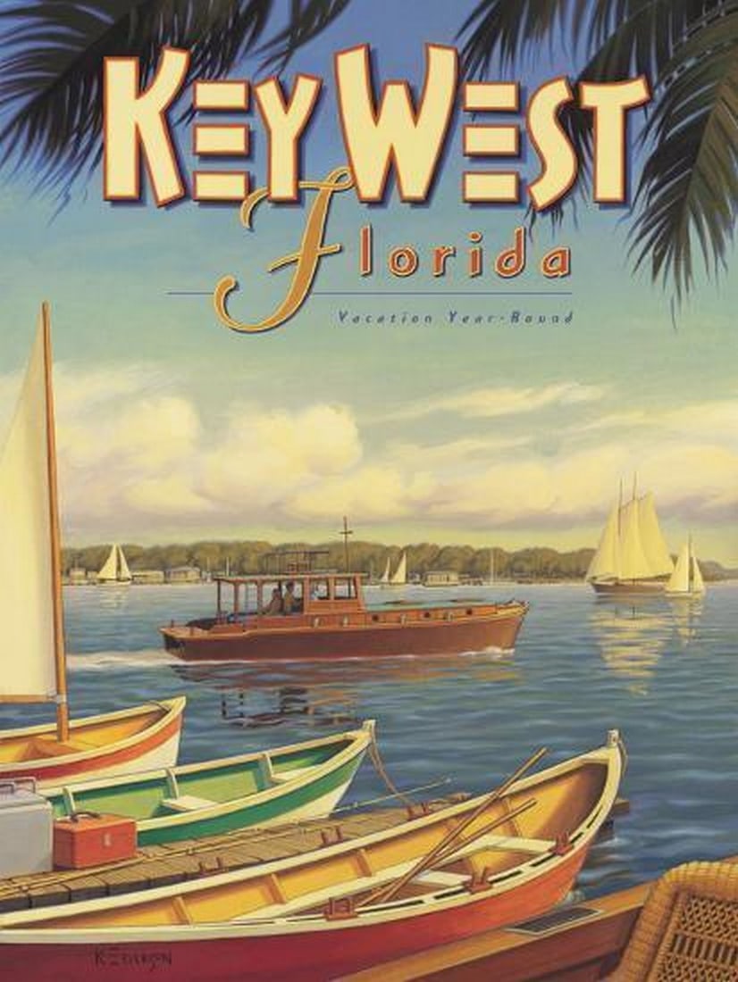 Key West Florida Poster: Key West Florida Poster This is a vibrant giclée print poster of Key West, Florida featuring colorful boats docked in the clear blue waters, capturing the laid-back island vibe and stunning coastal
