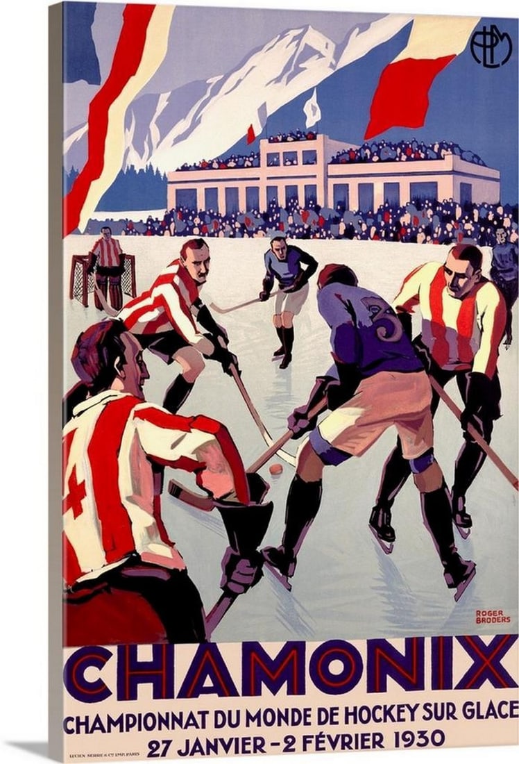 Championnat Du Monde De Hockey Vintage Poster Canvas Reproduction by Roger Broders: Championnat Du Monde De Hockey Vintage Poster Canvas Reproduction by Roger Broders Canvas reproduction of a large, vertical, Art Deco style French vintage poster depicting the Championnat Du Monde De