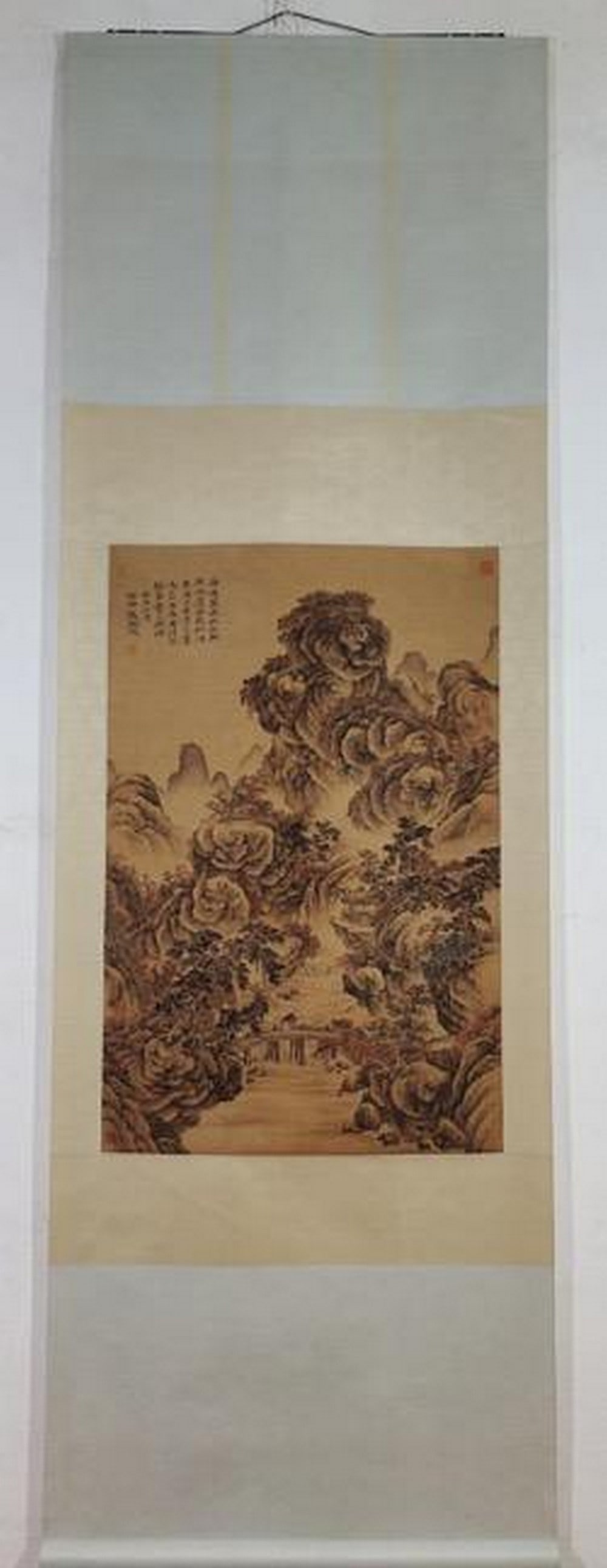Landscape silk scroll by Qian Weicheng (1 of 2)