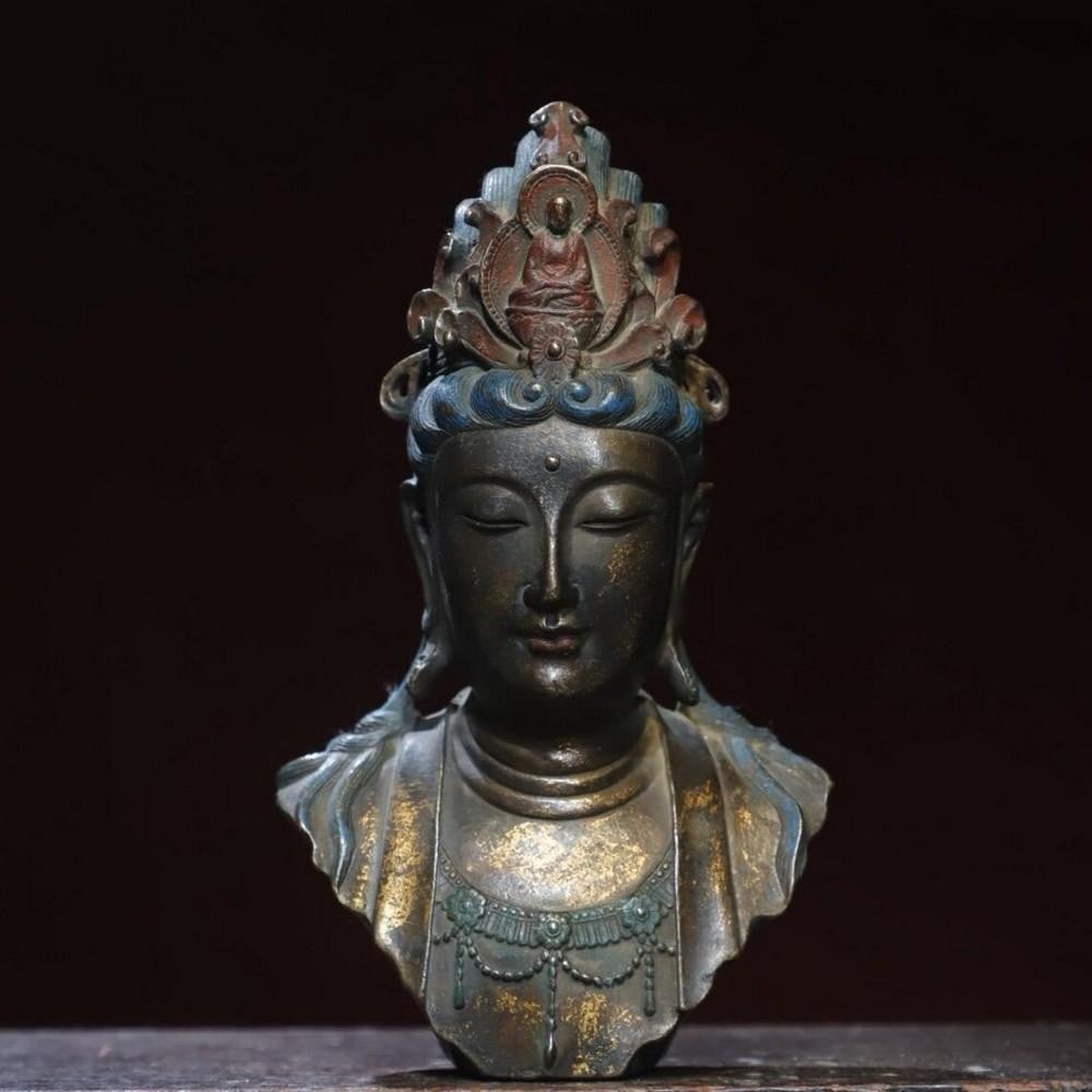 Handcrafted Gilded Copper Guanyin Buddha Head Statue: Handcrafted Gilded Copper Guanyin Buddha Head Statue This antique Guanyin Buddha head statue is a masterpiece of traditional Chinese craftsmanship, meticulously handcrafted from pure copper with a re