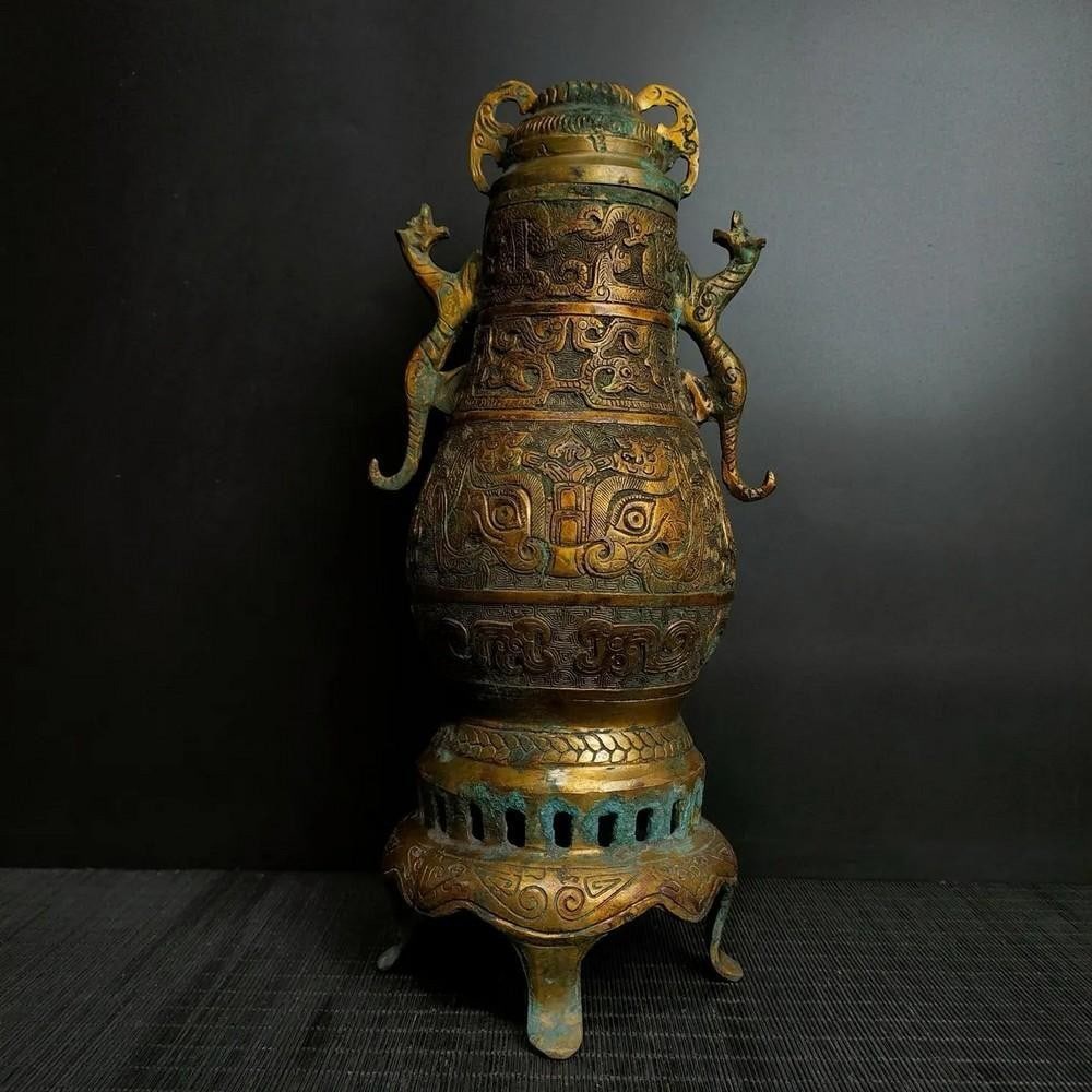 Antique Chinese Bronze Gilt Double Dragon Tall Bottle Ornament: Antique Chinese Bronze Gilt Double Dragon Tall Bottle Ornament This rare handcrafted bronze bottle features an exquisite gilt double dragon design, symbolizing strength, power, and good fortune in Chi