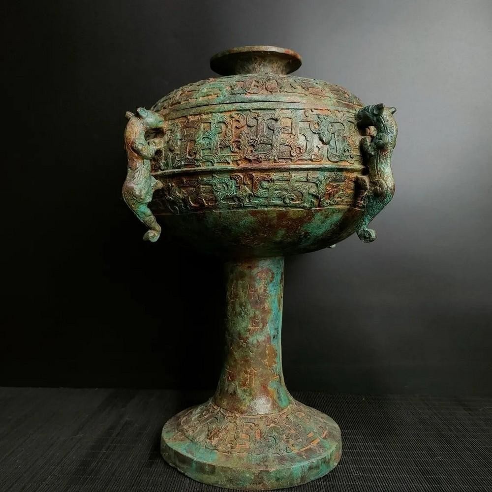 Antique Chinese Bronze Four-Dragon Round Bean Statue Ornament (1 of 7)