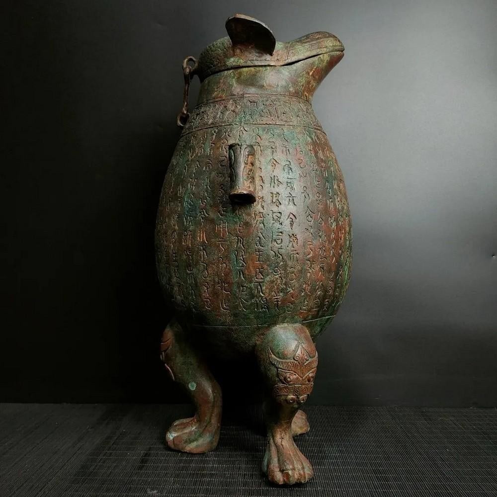 Antique Chinese Bronze Inscribed Animal Head Melon Tripod Statue Ornament (1 of 6)