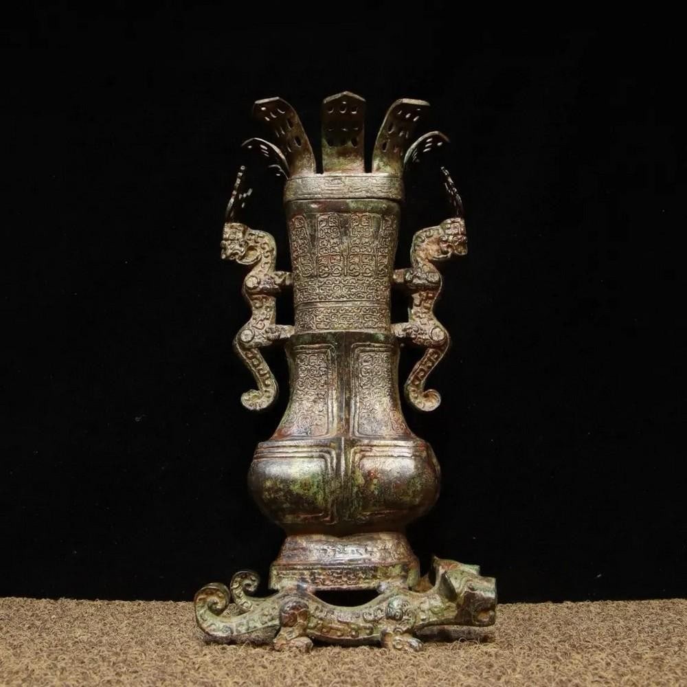 Antique Chinese Two Dragons Bronze Bottle Ornament: Antique Chinese Two Dragons Bronze Bottle Ornament This antique Chinese bronze bottle ornament features two intricately crafted dragons entwined in a dynamic design, symbolizing power, harmony, and go
