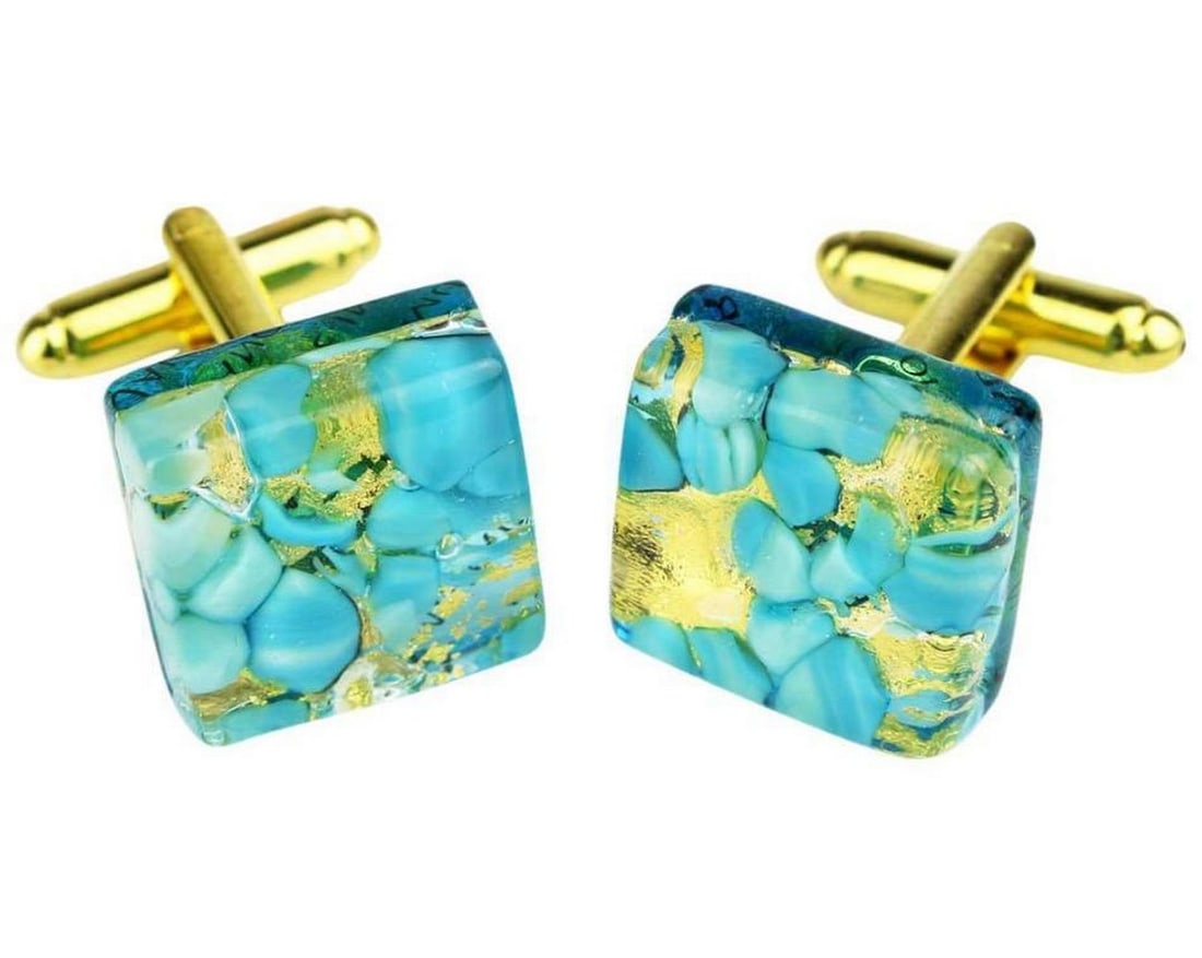 Murano Glass Light Blue and Gold Men's Cuff Links: Murano Glass Light Blue and Gold Men's Cuff Links Elevate your style with our Murano Glass Light Blue and Gold Men's Cuff Links. Each pair exemplifies artisanal excellence, showcasing meticul