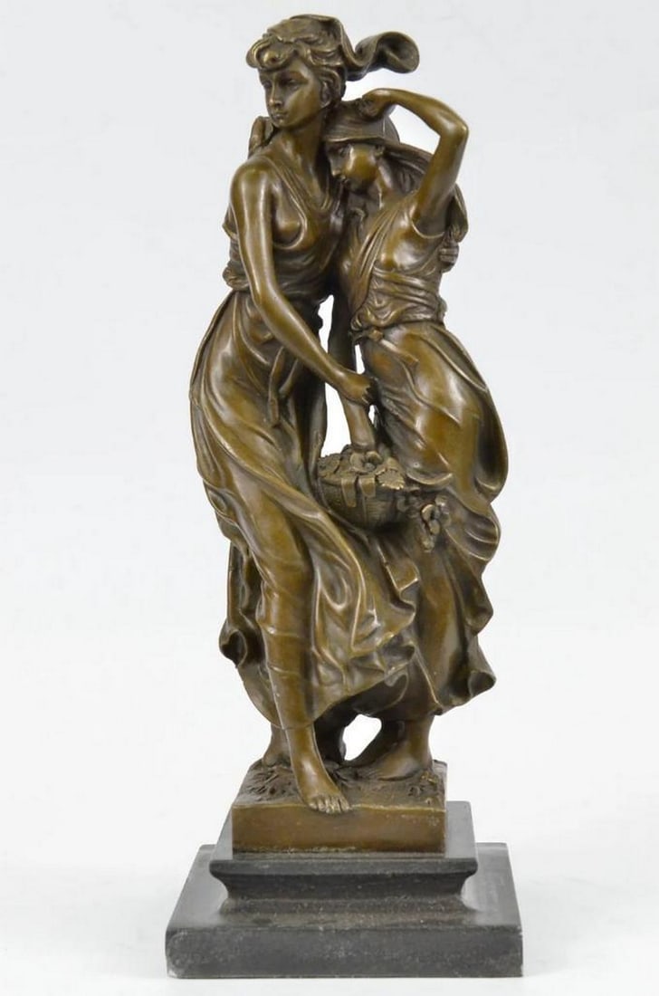 Consolation Figural Group After Moreau Bronze Statue - 14" x 5": Consolation Figural Group After Moreau Bronze Statue - 14" x 5" This bronze figural sculpture titled “Consolation” depicts two young girls standing together in a tender moment. One fig