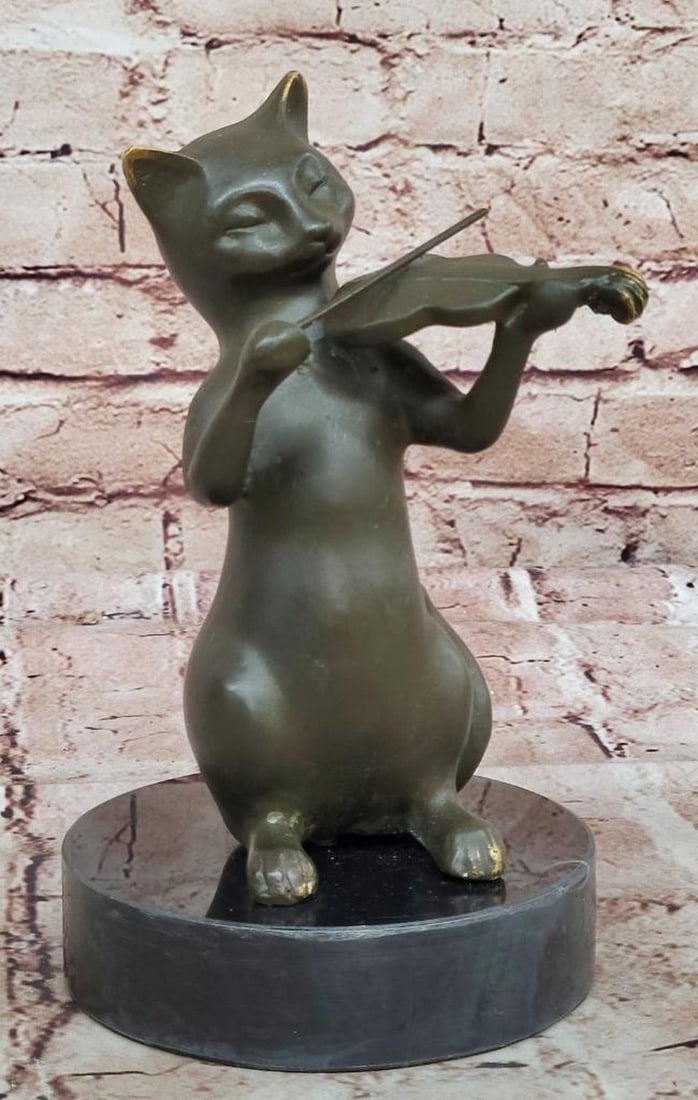 Signed Bronze Sculpture of a Cat Playing Music by Miguel Lopez (Milo) - 9.5" x 8": Signed Bronze Sculpture of a Cat Playing Music by Miguel Lopez (Milo) - 9.5" x 8" Celebrate the whimsical charm of music and feline grace with this delightful bronze sculpture by Miguel Lopez