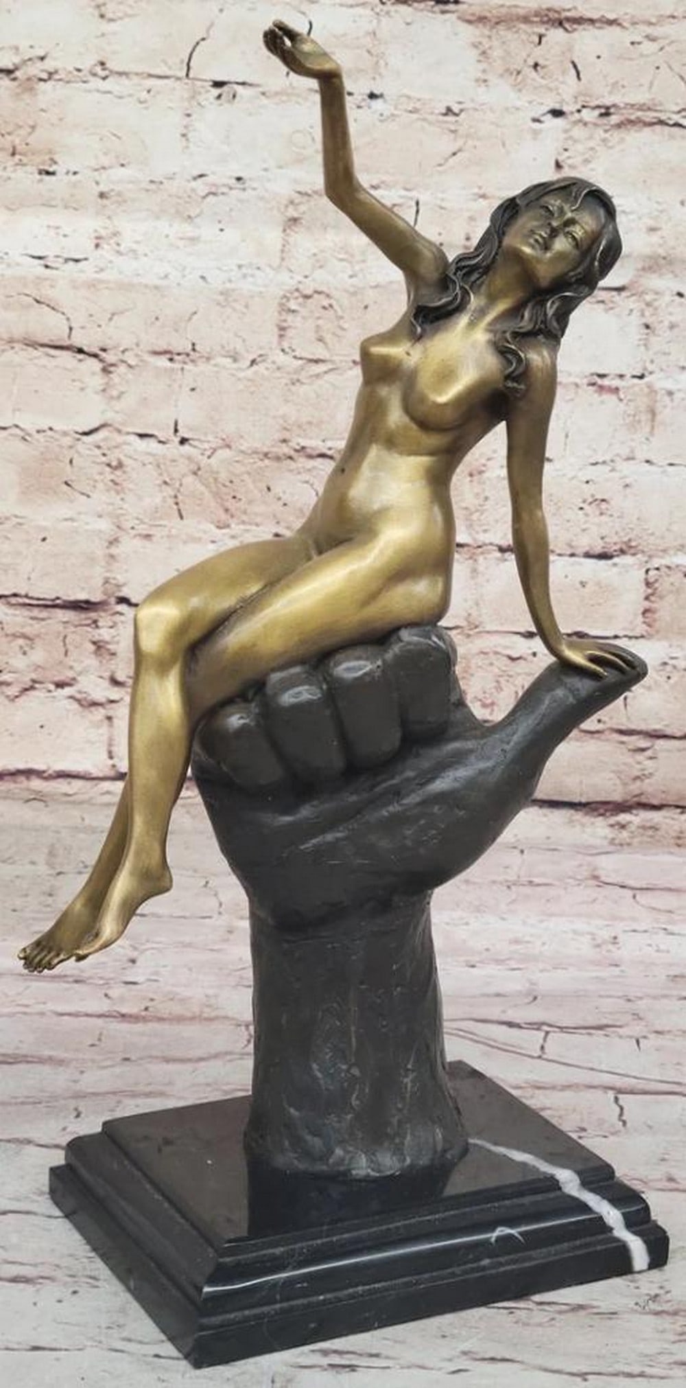 Juno's Signed Original Bronze A Captivating Artwork of Sensual Beauty on Oversized Hand - 15" x 8": Juno's Signed Original Bronze A Captivating Artwork of Sensual Beauty on Oversized Hand - 15" x 8" Indulge in the enchantment of a striking bronze sculpture that captures the essence of a seductively