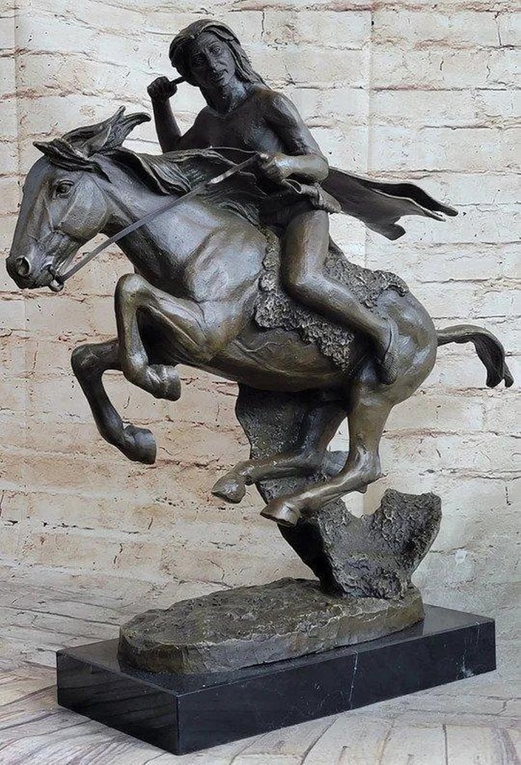 Cheyenne Native American Riding Horse Back Bronze Statue - 20" x 21" (1 of 7)