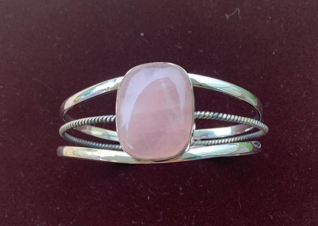 Rose Quartz Sterling Silver Bangle - 2