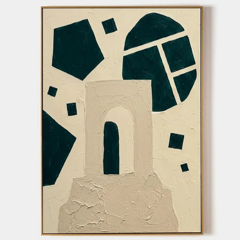 "Portal in Emerald Form" Abstract Art Canvas Painting: "Portal in Emerald Form" Abstract Art Canvas Painting This textured abstract composition presents a striking architectural form rising from a sculpted base, resembling a mysterious doorway or