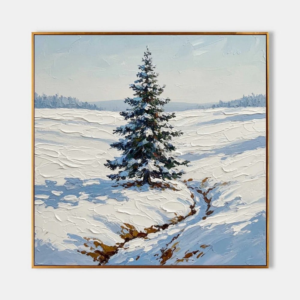 Winter Solitude Landscape Canvas Painting: Winter Solitude Landscape Canvas Painting Embrace serene beauty with Winter Solitude, a textured landscape canvas painting that captures the quiet majesty of a snow-covered field. A single evergreen t