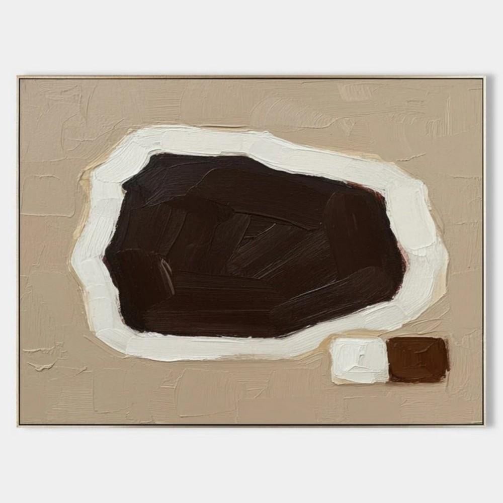 Minimalist Abstract Canvas Painting: Minimalist Abstract Canvas Painting Explore the quiet tension of "Duality in Silence," a minimalist abstract canvas painting that plays with contrast and form. A bold, irregular dark brown sha